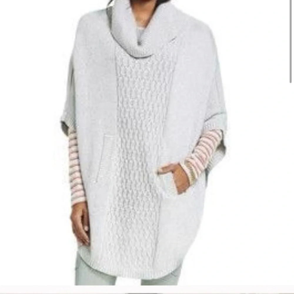 CAbi Cowl Neck Poncho Sweater Cable Knit 3003 Glacier Gray Medium Relaxed Cozy